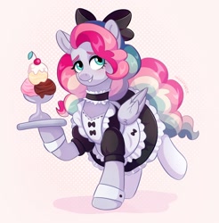 Size: 1266x1284 | Tagged: safe, artist:skysorbett, oc, oc only, oc:sky sorbet, pegasus, pony, bow, clothes, dress, female, food, hair bow, ice cream, maid, mare, multicolored hair, pegasus oc, smiling, solo, standing on two hooves