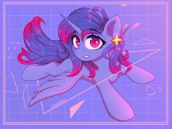 Size: 4000x3000 | Tagged: safe, artist:stravy_vox, oc, oc only, oc:star flower, alicorn, pony, abstract background, alicorn oc, female, high res, horn, looking at you, mare, smiling, stars, wings