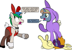 Size: 1920x1318 | Tagged: safe, artist:alexdti, oc, oc only, oc:brainstorm (alexdti), oc:purple creativity, oc:star logic, pegasus, pony, unicorn, animal costume, bunny costume, bunny suit, clothes, costume, laughing, simple background, transparent background, trio