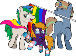 Size: 1920x1420 | Tagged: safe, artist:alexdti, oc, oc only, oc:brainstorm (alexdti), oc:purple creativity, oc:star logic, pony, clothes, mouth hold, pride flag, pride socks, simple background, socks, striped socks, transparent background