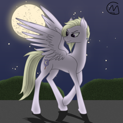 Size: 3200x3200 | Tagged: safe, artist:maître cervidé, oc, oc only, oc:radiant light, pegasus, pony, concave belly, female, high res, moon, night, shadow, slender, solo, stars, thin, turned head