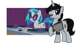 Size: 1366x768 | Tagged: safe, artist:tiredhorsestudios, edit, screencap, dj pon-3, vinyl scratch, oc, oc:eff i am, pony, unicorn, g4, suited for success, curtains, female, glasses, looking at you, male, raised hoof, record player, solo focus, stallion, vinyl's glasses, youtube, youtube link
