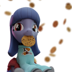 Size: 3240x3240 | Tagged: safe, artist:the luna fan, derpibooru exclusive, oc, oc only, oc:cosmia nebula, pony, 3d, choker, clothes, cookie, food, high res, looking at you, mouth hold, simple background, sitting, skirt, socks, solo, striped socks, sweater, transparent background