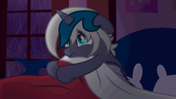 Size: 640x360 | Tagged: safe, artist:misho5k, oc, oc only, oc:elizabat stormfeather, alicorn, bat pony, bat pony alicorn, pony, alicorn oc, animated, astraphobia, bat pony oc, bat wings, bed, blanket, commission, female, fetal position, gif, horn, lightning, mare, night, pillow, rain, scared, show accurate, solo, storm, window, wings, ych result