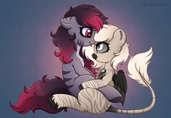 Size: 2500x1731 | Tagged: safe, artist:madelinne, oc, oc only, oc:devilvoice, oc:madelinne, bat pony, earth pony, pony, duo, duo female, female, hug, leonine tail, mare, tail