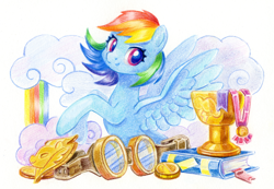 Size: 1448x1000 | Tagged: safe, artist:maytee, part of a set, rainbow dash, pegasus, pony, g4, book, cute, dashabetes, goggles, rainbow, simple background, solo, traditional art, trophy, white background
