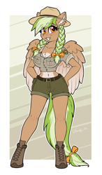 Size: 1832x3128 | Tagged: safe, artist:dandy, oc, oc only, oc:sylvia evergreen, pegasus, anthro, unguligrade anthro, belly button, belt, belt buckle, boots, braid, braided pigtails, breasts, chest fluff, clothes, ear fluff, eye clipping through hair, female, freckles, hair tie, hat, looking at you, midriff, pegasus oc, pigtails, ranger, shoes, short shirt, shorts, smiling, solo, uniform, wings