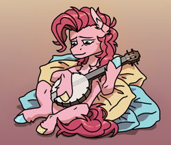 Size: 3300x2800 | Tagged: safe, artist:mookaoo, pinkie pie, earth pony, pony, friendship is witchcraft, gypsy bard, g4, banjo, bard, bard pie, colored hooves, fantasy class, female, gypsy pie, high res, mare, musical instrument, pillow, solo