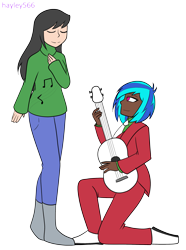 Size: 2131x2862 | Tagged: safe, artist:hayley566, artist:icicle-niceicle-1517, color edit, edit, dj pon-3, octavia melody, vinyl scratch, human, g4, acoustic guitar, boots, christmas, clothes, coat, collaboration, colored, cute, dark skin, denim, duo, female, guitar, high res, holiday, humanized, jeans, kneeling, lesbian, music notes, musical instrument, necktie, pants, ship:scratchtavia, shipping, shirt, shoes, simple background, suit, sweater, tavibetes, transparent background, vest, vinylbetes
