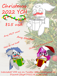 Size: 6000x8000 | Tagged: safe, artist:skylarpalette, oc, oc only, oc:evening rain, oc:skylar palette, bat pony, earth pony, hippogriff, pegasus, pony, unicorn, any gender, any race, any species, bat pony oc, bat wings, blushing, christmas, cute, female, fluffy, hat, holiday, horn, male, mare, present, santa hat, stallion, unicorn oc, wings, ych example, ych sketch, your character here
