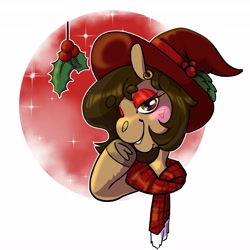 Size: 4096x4096 | Tagged: safe, artist:roseanon4, oc, oc only, oc:hazelnut brew, bedroom eyes, christmas, clothes, hat, holiday, holly, holly mistaken for mistletoe, looking at you, santa hat, scarf, simple background, solo, white background, witch, witch hat