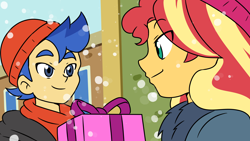 Size: 1920x1080 | Tagged: safe, artist:studiodraw, flash sentry, sunset shimmer, human, equestria girls, equestria girls specials, g4, my little pony equestria girls: better together, my little pony equestria girls: holidays unwrapped, duo, female, male, present, ship:flashimmer, shipping, snow, snowfall, straight