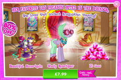 Size: 1959x1297 | Tagged: safe, gameloft, pacifica, pegasus, pony, g4, my little pony: magic princess, advertisement, background character, background pony, brush, clothes, costs real money, english, female, folded wings, gem, glasses, introduction card, jewelry, mannequin, mare, necklace, numbers, pants, sale, scissors, shirt, shoes, solo, text, wig, wings