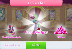 Size: 1262x855 | Tagged: safe, gameloft, pacifica, pegasus, pony, g4, my little pony: magic princess, background character, background pony, brush, bundle, clothes, costs real money, english, fabled set, female, folded wings, gem, glasses, jewelry, mannequin, mare, necklace, numbers, pants, sale, scissors, shirt, shoes, solo, text, wig, wings