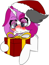 Size: 4406x5767 | Tagged: safe, artist:skylarpalette, oc, oc only, oc:skylar palette, pony, unicorn, blushing, christmas, cute, ears back, female, fluffy, glasses, hat, holiday, horn, long mane, looking down, mare, present, santa hat, simple background, simple shading, solo, surprised, transparent background, unicorn oc