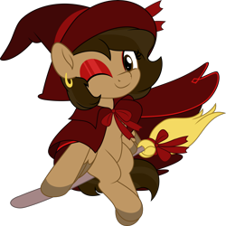 Size: 5005x5000 | Tagged: safe, artist:jhayarr23, oc, oc only, oc:hazelnut brew, pegasus, pony, broom, commission, ear piercing, earring, eyeshadow, hat, jewelry, looking at you, makeup, one eye closed, pegasus oc, piercing, simple background, sitting, solo, transparent background, wink, witch, witch hat, ych result