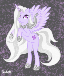 Size: 1525x1806 | Tagged: safe, artist:norlieth, oc, oc only, alicorn, pony, alicorn oc, armor, crystal, eyelashes, female, full body, horn, jewelry, long hair, long tail, magic, necklace, rearing, simple background, solo, spread wings, tail, wings