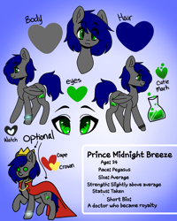 Size: 2000x2500 | Tagged: safe, artist:dubby doodles, oc, oc:mb midnight breeze, pegasus, pony, accessory, blue mane, cape, clothes, commission, crown, cute, gray coat, green eyes, heart, high res, jewelry, reference sheet, regalia, simple background, watch, wristwatch
