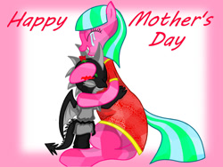 Size: 1200x900 | Tagged: safe, artist:darknazawrath, oc, oc only, crystal pony, dragon, pony, abstract background, clothes, dragon oc, duo, female, hug, mare, mother's day, non-pony oc