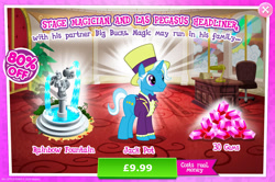 Size: 1957x1301 | Tagged: safe, gameloft, jack pot, pony, unicorn, g4, my little pony: magic princess, advertisement, bowtie, clothes, costs real money, english, fountain, gem, hat, horn, introduction card, male, numbers, sale, solo, stallion, statue, text, top hat