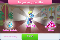 Size: 1267x856 | Tagged: safe, gameloft, jack pot, pony, unicorn, g4, my little pony: magic princess, bowtie, bundle, clothes, costs real money, english, fountain, gem, hat, horn, male, numbers, sale, solo, stallion, statue, text, top hat