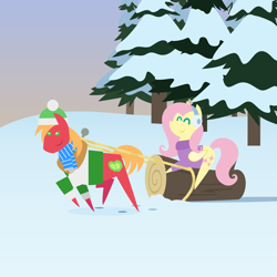 Size: 2160x2160 | Tagged: safe, anonymous artist, big macintosh, fluttershy, earth pony, pegasus, pony, series:fm holidays, series:hearth's warming advent calendar 2022, g4, advent calendar, big macintosh's yoke, christmas, clothes, cute, duo, earmuffs, eyes closed, female, hat, high res, holiday, horse collar, lineless, log, male, mare, pointy ponies, pulling, scarf, ship:fluttermac, shipping, shyabetes, snow, stallion, straight, striped scarf, sweater, tree, winter, yule log