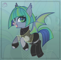 Size: 1280x1250 | Tagged: safe, artist:emperor-anri, oc, oc only, bat pony, pony, g4, bat pony oc, bat wings, boots, clothes, cute, cute little fangs, ear fluff, ear piercing, earring, eyelashes, eyeshadow, fangs, female, fishnet clothing, fishnet stockings, flying, jewelry, makeup, mare, nose chain, nose piercing, piercing, shoes, slit pupils, smiling, socks, solo, straight hair, wing piercing, wings, zoom layer
