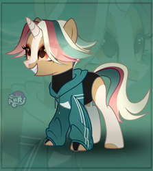 Size: 1280x1434 | Tagged: safe, artist:emperor-anri, oc, oc only, pony, unicorn, clothes, eye clipping through hair, eyelashes, female, grin, hoodie, horn, makeup, mare, smiling, solo, unicorn oc, zoom layer