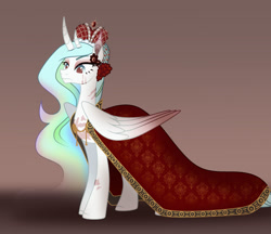 Size: 1280x1107 | Tagged: safe, artist:emperor-anri, oc, oc only, unnamed oc, alicorn, pony, alicorn oc, cape, clothes, colored wings, crown, curved horn, ethereal mane, eyebrows, female, frown, gradient wings, horn, jewelry, mare, regalia, scar, solo, wings