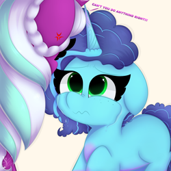 Size: 3000x3000 | Tagged: safe, artist:daftramms, misty brightdawn, opaline arcana, alicorn, pony, unicorn, g5, my little pony: make your mark, my little pony: make your mark chapter 2, spoiler:g5, spoiler:my little pony: make your mark, abusive relationship, bully, bullying, crying, cute, duo, female, high res, mare, opabitch, simple background, verbal abuse, wavy mouth