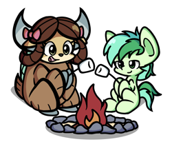 Size: 1640x1368 | Tagged: safe, artist:derp pone, derpibooru exclusive, sandbar, yona, earth pony, pony, yak, g4, chibi, cute, duo, duo male and female, earth, female, fire, food, holding, male, marshmallow, open mouth, sandabetes, ship:yonabar, shipping, simple background, sitting, straight, toasting marshmallows, white background, yonadorable