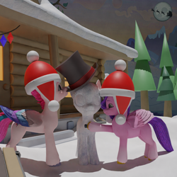 Size: 3840x3840 | Tagged: safe, artist:northern haste, pipp petals, zipp storm, deer, pegasus, pony, reindeer, g5, 3d, 4k, adorapipp, blender, cute, female, hat, high res, moon, royal sisters (g5), santa claus, siblings, silhouette, sisters, snowpony, top, top hat