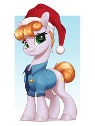 Size: 2430x3225 | Tagged: safe, artist:aquaticvibes, copper top, earth pony, pony, g4, christmas, clothes, female, gradient background, hat, high res, holiday, mare, necktie, passepartout, police officer, police uniform, santa hat, shirt, solo