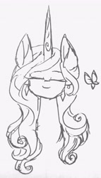 Size: 1876x3277 | Tagged: artist needed, source needed, safe, izzy moonbow, butterfly, pony, unicorn, g5, black and white, eyes closed, grayscale, monochrome, smiling