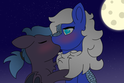 Size: 6000x4000 | Tagged: safe, artist:eminent entropy, oc, oc only, oc:gemini, oc:soul silverleaf, bat pony, kirin, pony, bat pony oc, blushing, duo, female, kirin oc, kiss on the lips, kissing, male, moon, moonlight, night, night sky, oc x oc, shipping, sky, stars, straight