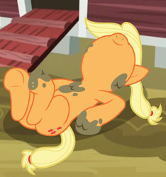 Size: 1280x1366 | Tagged: safe, artist:loladreamteam, applejack, earth pony, pony, g4, butt, female, lying down, mare, mud, muddy, on back, plot, smiling, solo, sweet apple acres