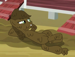 Size: 1280x973 | Tagged: safe, artist:loladreamteam, applejack, g4, crossed hooves, hooves behind head, lying down, mud, muddy, on back, smiling, sweet apple acres, wet and messy