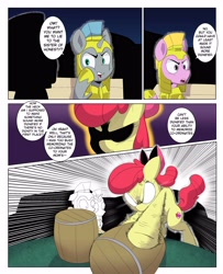 Size: 3000x3700 | Tagged: safe, artist:begoliah, apple bloom, oc, earth pony, pony, unicorn, comic:crusaders, g4, comic, female, high res, innuendo, male, royal guard