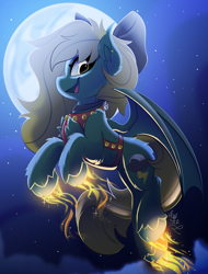 Size: 1900x2500 | Tagged: safe, artist:starcasteclipse, oc, oc only, bat pony, pony, commission, flying, glowing, glowing hooves, harness, jingle bells, moon, smiling, solo, tack, ych result