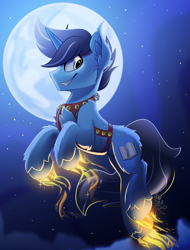 Size: 1900x2500 | Tagged: safe, artist:starcasteclipse, oc, oc only, pony, unicorn, commission, flying, glowing, glowing hooves, harness, jingle bells, moon, smiling, solo, tack, ych result