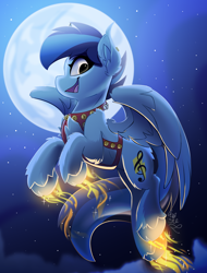 Size: 1900x2500 | Tagged: safe, artist:starcasteclipse, oc, oc only, pegasus, pony, commission, flying, glowing, glowing hooves, harness, jingle bells, moon, smiling, solo, tack, ych result