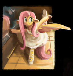 Size: 813x849 | Tagged: safe, artist:coypuppy, fluttershy, pegasus, pony, g4, ballerina, black background, clothes, colored hooves, cute, dress, edgar degas, female, fine art parody, flutterina, mare, shyabetes, signature, simple background, solo