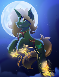 Size: 1900x2500 | Tagged: safe, artist:starcasteclipse, oc, oc only, pony, unicorn, commission, flying, glowing, glowing hooves, harness, jingle bells, moon, smiling, solo, tack, ych result