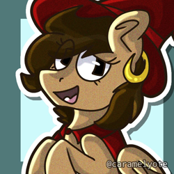 Size: 768x768 | Tagged: safe, artist:rexsplayhouse, oc, oc only, oc:hazelnut brew, pegasus, pony, ear piercing, female, happy, hat, looking at you, mare, piercing, solo, witch, witch hat