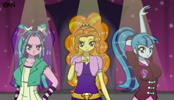 Size: 2887x1660 | Tagged: safe, artist:banquo0, adagio dazzle, aria blaze, sonata dusk, human, equestria girls, g4, arm behind head, belt, clothes, eyebrows, female, fingerless gloves, frown, gloves, pigtails, ponytail, raised arm, raised eyebrow, shirt, smiling, stage, the dazzlings, trio, twintails