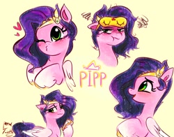Size: 1368x1074 | Tagged: safe, artist:petaltwinkle, pipp petals, pegasus, pony, g5, :t, adorapipp, cellphone, cute, female, heart, mare, one eye closed, open mouth, open smile, phone, pipp petals is not amused, simple background, sleep mask, smartphone, smiling, solo, unamused, wink, yellow background