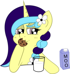 Size: 1942x2048 | Tagged: safe, artist:pingmader, oc, oc only, oc:cinnamon string, pony, unicorn, bedroom eyes, braid, cookie, eating, female, flower, flower in hair, food, glass, glass of milk, horn, mare, milk, ponysona, simple background, solo, transparent background, two toned mane, unicorn oc