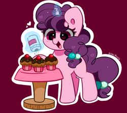 Size: 4421x3928 | Tagged: safe, artist:kittyrosie, sugar belle, pony, unicorn, g4, absurd resolution, cupcake, cute, food, glowing, glowing horn, heart, heart eyes, horn, magic, open mouth, open smile, outline, simple background, smiling, solo, sprinkles, sugarbetes, telekinesis, white outline, wingding eyes