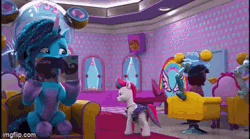 Size: 360x200 | Tagged: safe, screencap, misty brightdawn, rocky riff, strawberry spark, zipp storm, pegasus, pony, unicorn, g5, hoof done it?, my little pony: make your mark, my little pony: make your mark chapter 2, spoiler:my little pony: make your mark chapter 2, spoiler:mymc02e07, 3d, animated, book, brush, chair, cute, door, duo focus, eyes closed, female, floppy ears, flying, gif, hair dryer, i watch it for the ears, imgflip, jewelry, male, mane melody (location), mare, mirror, necklace, nervous, scared, sitting, speaker, stallion, talking