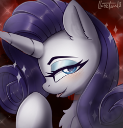 Size: 1362x1413 | Tagged: safe, artist:llametsul, rarity, pony, unicorn, g4, blushing, chest fluff, colored, eyeshadow, fangs, looking at you, makeup, smiling, smiling at you, solo, tongue out